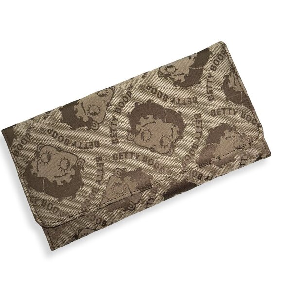 Betty Boop Wallet Womens Tri-Fold Faux Leather Cartoon Print Brown Zip Checkbook - Picture 1 of 5